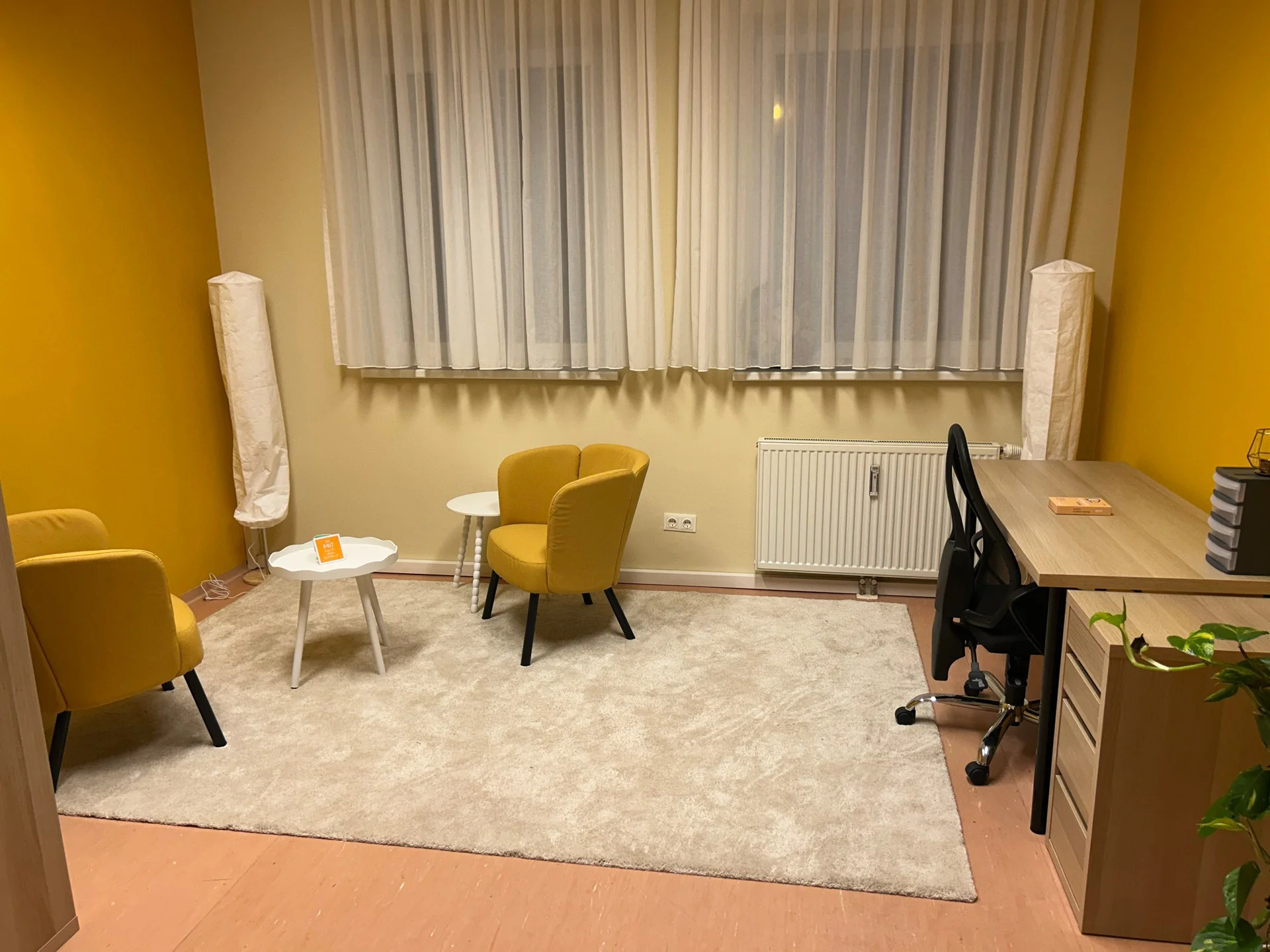 Überblick über den Praxisraum in Graz mit Sitzecke, Teppich und Schreibtisch am Fenster